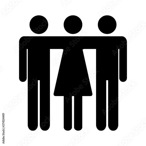 Friends icon. Two men and woman embrace each other. Teamwork vector illustration isolated on white. Not traditional family.