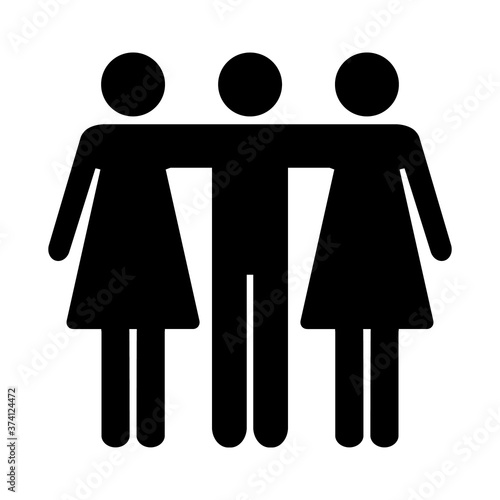 Friends icon. Two women and man embrace each other. Teamwork vector illustration isolated on white. Not traditional family.