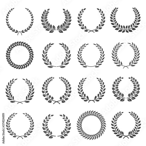 Laurel wreath, circles silhouette icons set. Round frames, boarders with branches, leaves.