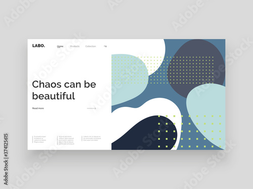 Abstract homepage design. Colorful fluid spots and geometric shapes. Decorative backdrop. Minimal texture, decor elements and shapes. Eps10 vector illustration.