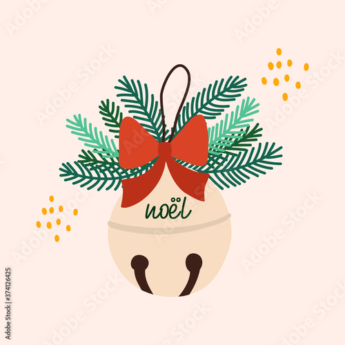 Christmas toy Christmas bell with the inscription "noel". Vector hand drawn illustration.