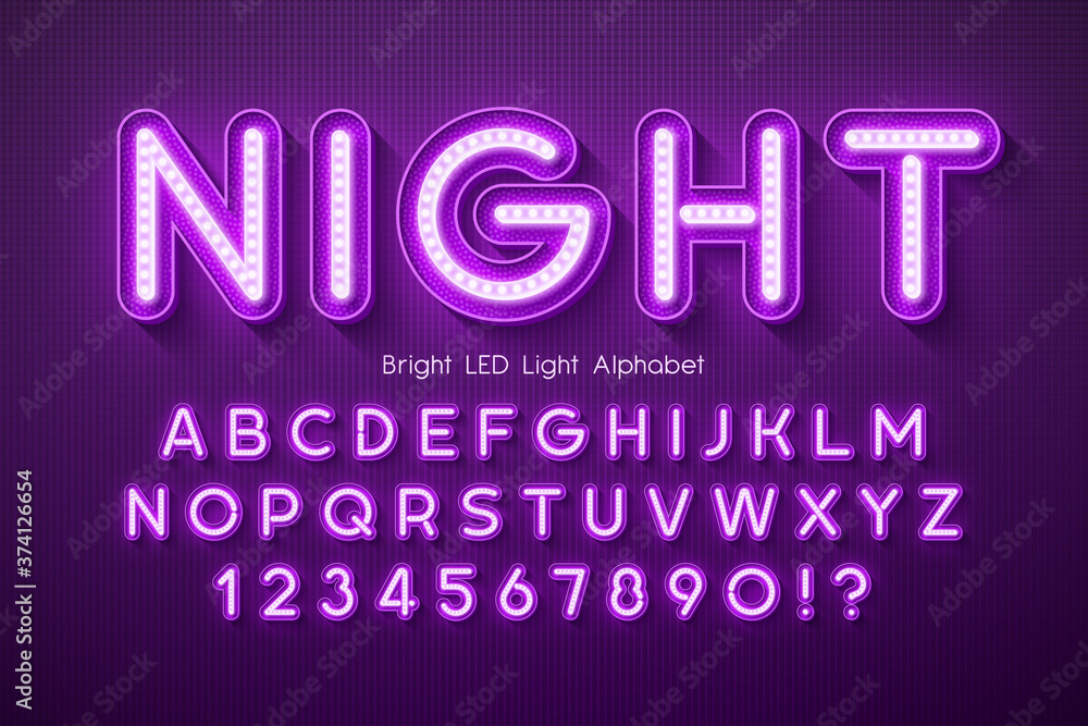 LED light 3d alphabet, extra glowing modern type.