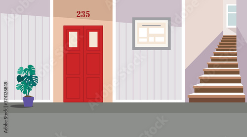 Vector residential corridor with window, door and stairs. Interior of the 1st floor. Vector illustration of the interior of a room corridor or hallway for background, print, web.