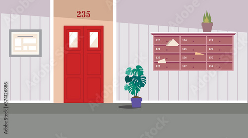 Vector residential corridor with window, door and stairs. Interior of the 1st floor. Vector illustration of the interior of a room corridor or hallway for background, print, web.