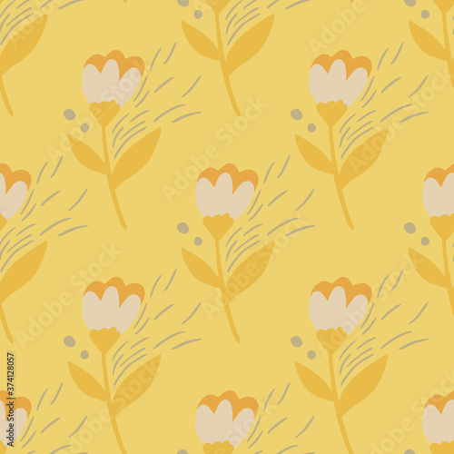 Summer seamless flowers pattern. Folk botanic silhouettes with orange stems and light buds on yellow background.