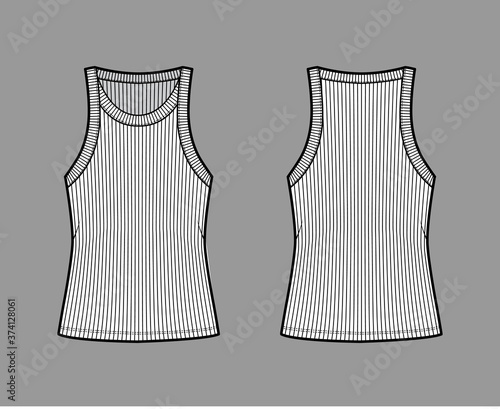 Ribbed cotton-jersey tank technical fashion illustration with wide scoop neck, relax fit knit, tunic length. Flat outwear camisole apparel template front back white color. Women men unisex shirt top