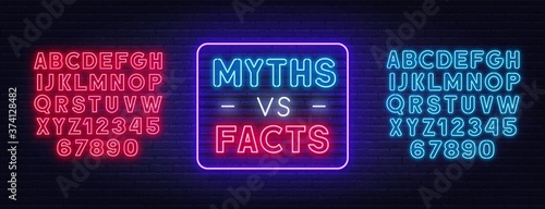 Myths vs facts neon sign on brick wall background. Red and blue neon alphabets.Vector illustration.