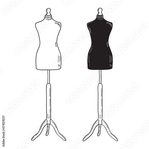 Retro clothing mannequin. White and black vector silhouettes. Vintage female mannequin dress dummy. Vector illustration of hand drawing style.