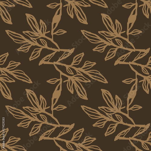 Autumn seamless pattern with branches silhouettes. Brown background with light beige botanic outline ornament.