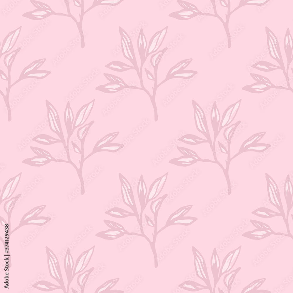 Minimalistic seamless branch foliage pattern. Botanic leaves ornament in stylized print in pink palette.
