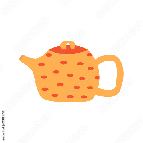 Cute yellow teapot with red polka dots. Colorful vector cartoon 