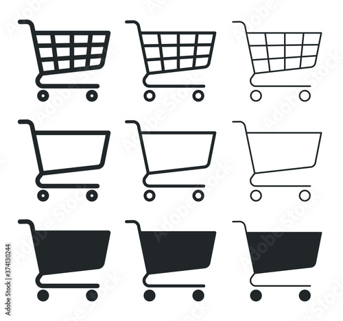 Shopping cart icon symbol collection. Flat shape web store button set. Online shop logo sign. Vector illustration image. Black silhouette isolated on white background.