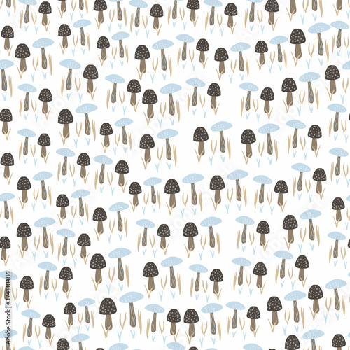 Little mushrooms seamless isolated pattern. Doodle autumn print with brown and blue fungus elements on white background. © smth.design
