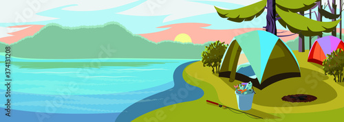 Vector flat web banner on the theme of Climbing, Trekking, Hiking, Walking. Sports, Camping, outdoor recreation, adventures in nature, vacation. Modern flat design. Morning camp.

