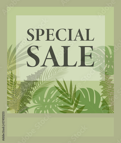 SPECIAL SALE promotional flyer template for website or social media with tropical plant leaves pattern vector illustration