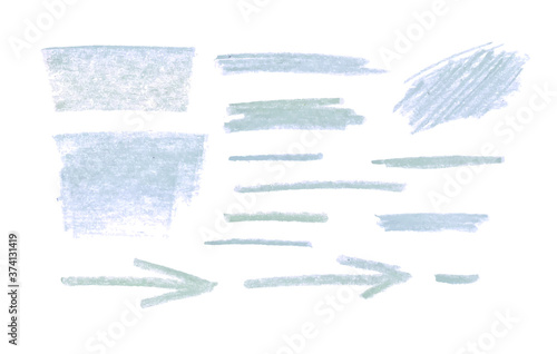 Vector pastel light blue strokes isolated on white background, abstract doodling and arrows set, crayons drawings.
