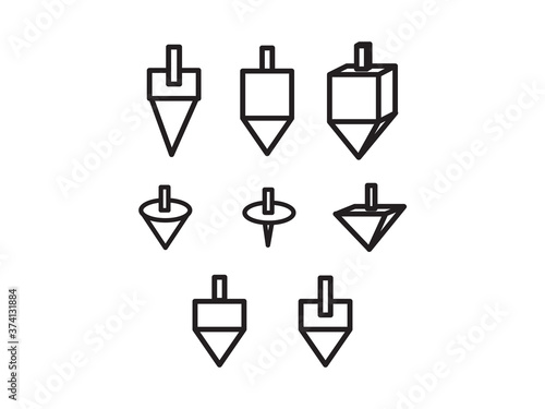 Set of Black hand drawn dreidels, Group of Hanukkah Jewish holiday toy vector illustration