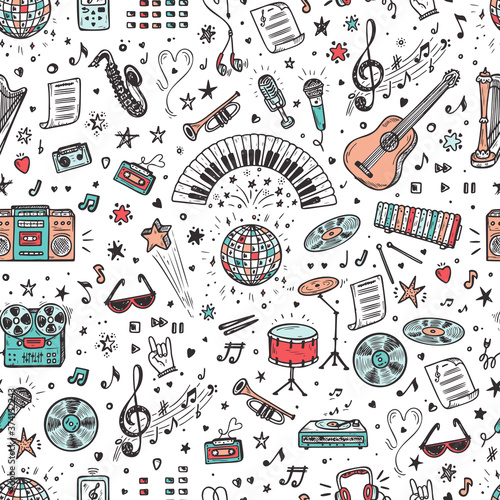 Vector Music background. Seamless pattern with Hand drawn doodle Musical Instruments, Retro musical equipment.
