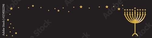 Horizontal Hanukkah banner - Gold Menorah with candles and stars on Black background