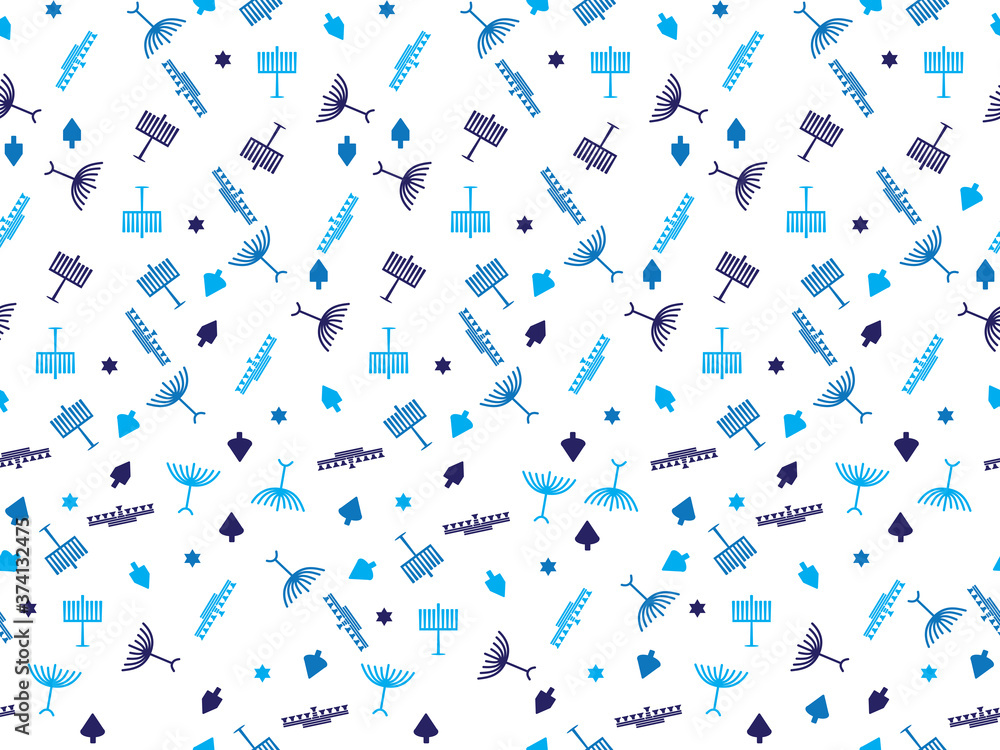 Blue Hanukkah symbols seamless background - Menorah, dreidel and Star of David pattern on White background