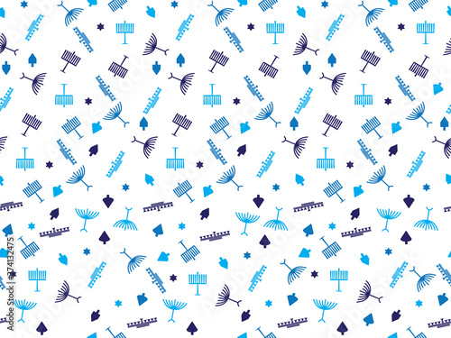 Blue Hanukkah symbols seamless background - Menorah, dreidel and Star of David pattern on White background