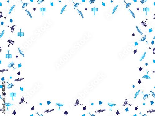 Blue Hanukkah symbols frame - Menorah, dreidel and Star of David frame on White background