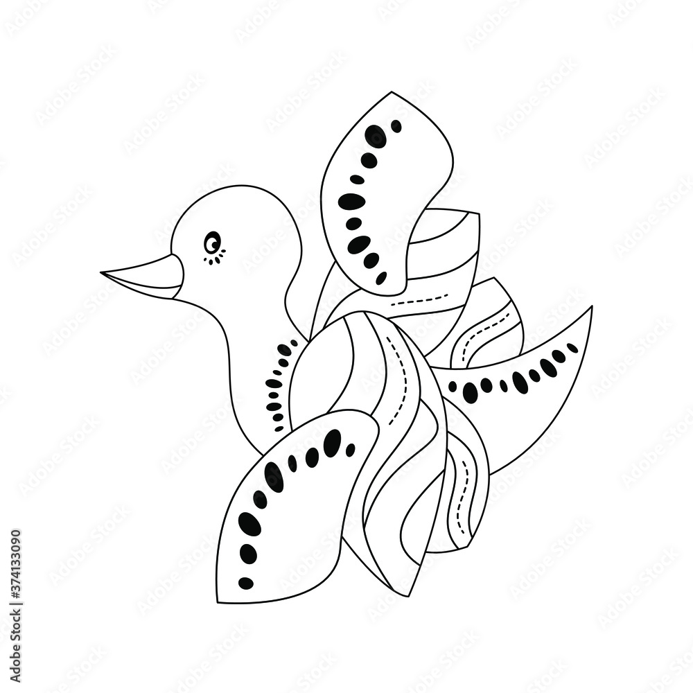 Fototapeta premium Cute little duck. Flying. Coloring page. Black and white. Vector illustration.