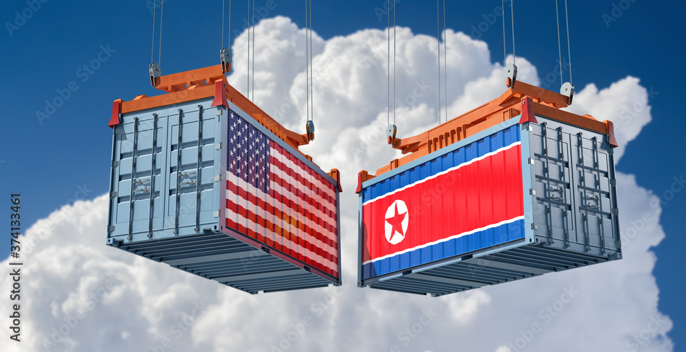 Freight containers with USA and North Korea national flags. 3D Rendering 