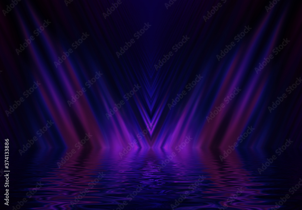 Abstract dark futuristic background. Neon rays of light are reflected from the water. Background of empty stage show, beach party. 3d illustration