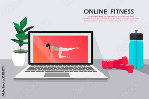 Online fitness vector illustration. Cartoon active woman characters in sport activity.