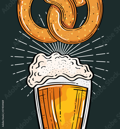 oktoberfest festival celebration with beer glass and pretzel vector illustration design