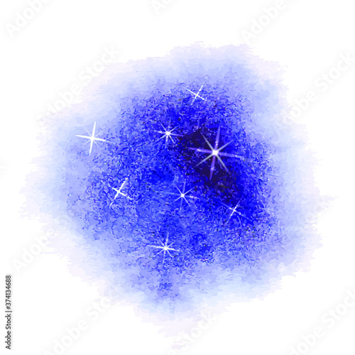 Vector watercolor blue spot with whining stars, Galaxy concept, hand drawn illustration, decorative element isolated on white background.
