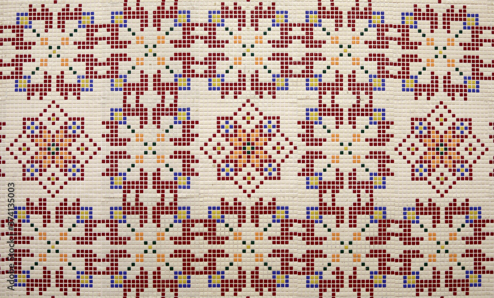 Checkered traditional Bulgarian ceramic mosaic tile background pattern. Architectural mosaic detail, abstract background for street, bath and pool. Ornamental pattern for street and interior design