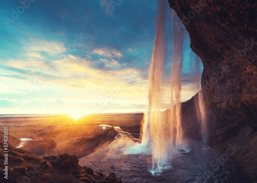 Fototapeta Naklejka Na Ścianę i Meble -  Seljalandsfoss waterfall at sunset, Iceland
