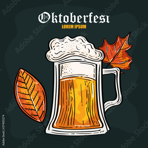 oktoberfest festival celebration with jar beer and autumn leaves vector illustration design