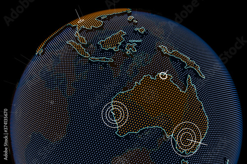 Globe with highlighted continents and pointer marks