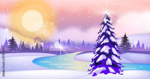 Christmas or new year winter landscape with pine tree, snow, river in ice, forest silhouette. Northern nature background in violet colors with clouds, sun. Winter vector landscape with hills, flare