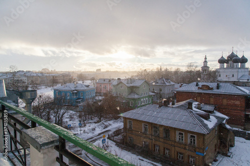 Winter rooftop cityscape of small Russian town