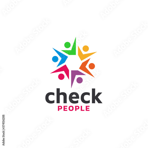 Colorful check mark logo design for human culture gathering club social, people together community teamwork