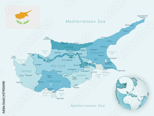 Blue-green detailed map of Cyprus administrative divisions with country flag and location on the globe.