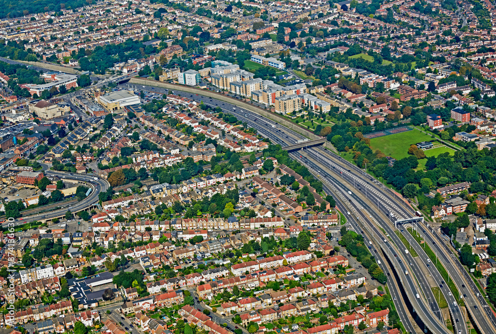 Aerial view of the A12 in North London running through Leytonstone Aerial view of the A12 in North London running through Leytonstone