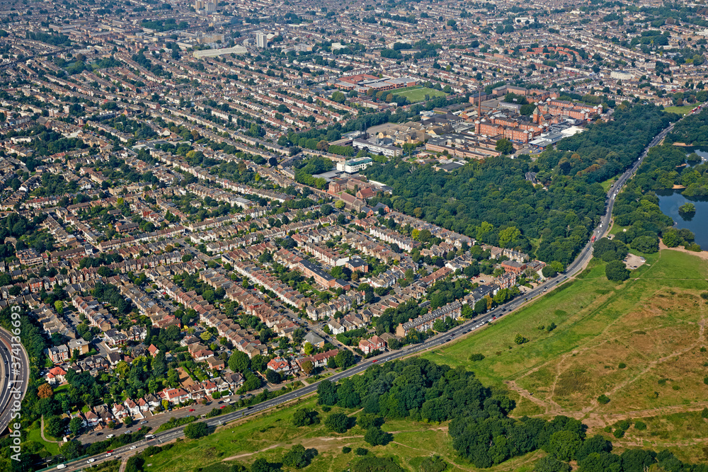 Aerial view of Wanstead Flats and Leytonstone in East London