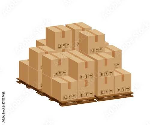 pile crate boxes 3d on wooden pallet, wood pallet with cardboard box in factory warehouse storage, cardboard parcel boxes stack of warehouse factory, packaging cargo, boxes brown isolated on white
