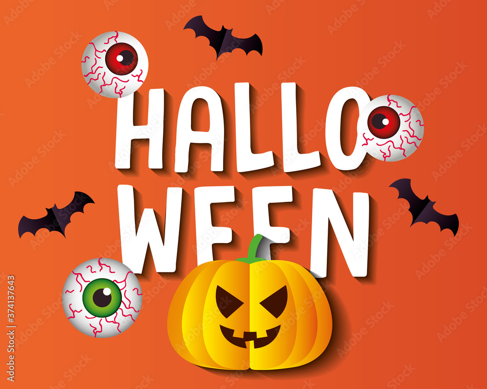 happy halloween banner, with pumpkin, scary eyeballs and bats flying in paper cut style vector illustration design
