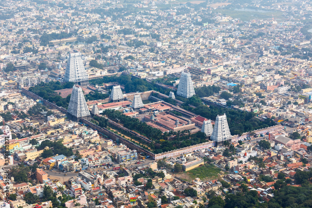 Hindu temple and indian city aerial view