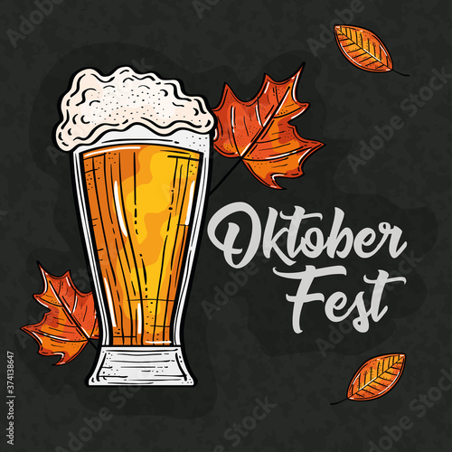 oktoberfest festival celebration with glass beer and autumn leaves vector illustration design
