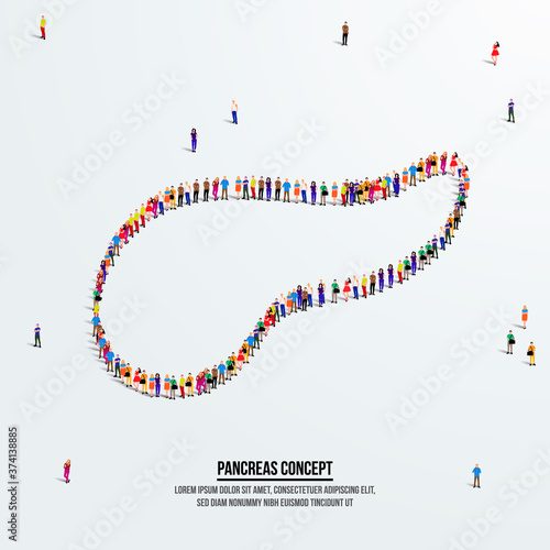 Pancreas concept. A large group of people form to create a shape pancreas. People organ icon series. Vector illustration.
