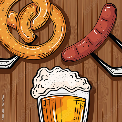 beer glass with pretzel and sausage in wooden background vector illustration design