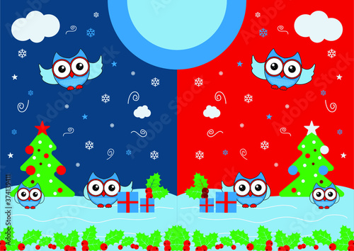christmas greeting card with owls