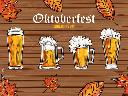 oktoberfest festival celebration with beers and autumn leaves in wooden background vector illustration design